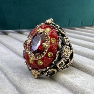 Ruby Stone Red Zirconia Lion Engraved 925 Sterling Silver Ring